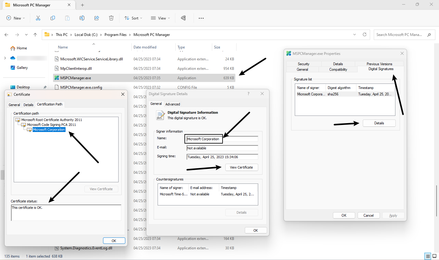Digital signature page of mspcmanager.exe, showing Microsoft Corporation with its root certificate authorities